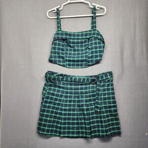 Women Large Blackwatch Plaid Blue Green Skirt & Top Set Preppy Grunge Schoolgirl